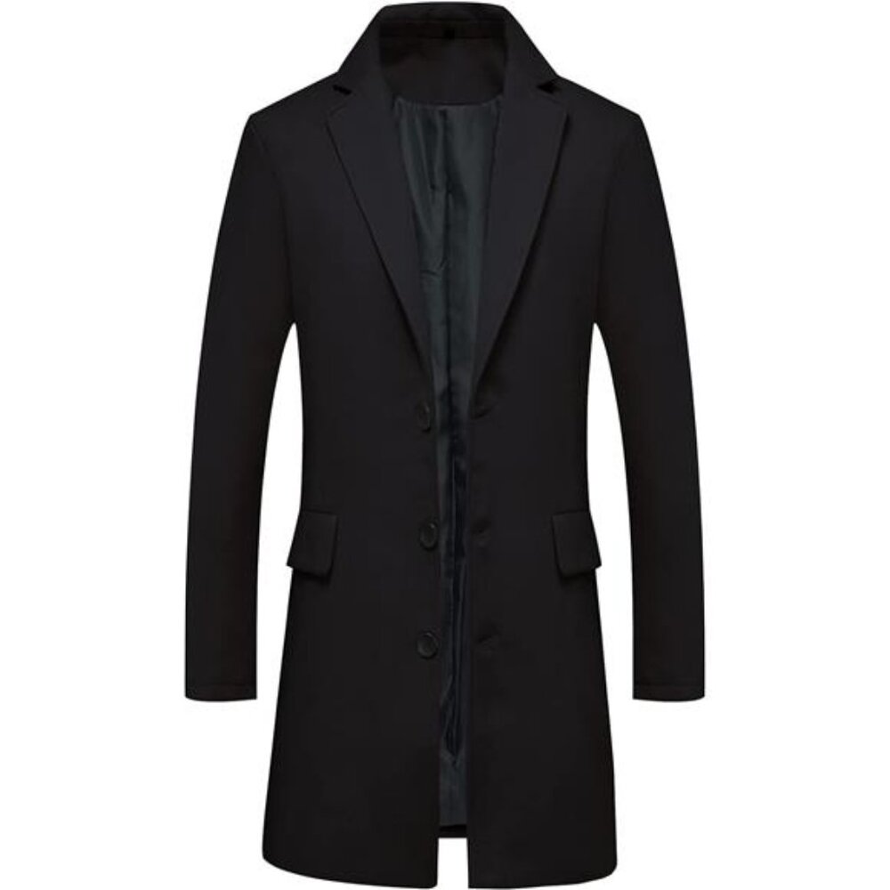 Men's Classic Wool Trench Overcoat Single Breasted Mid Long Wool Blend Top